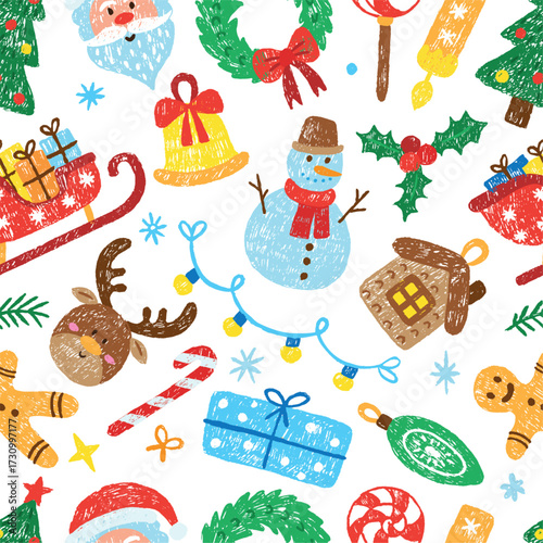 Hand drawn crayon christmas seamless pattern. Deer, santa claus, gift boxes in sleigh, xmas tree wreath, bell. Children style drawing neoteric vector background