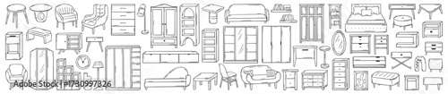 Doodle furniture. Sofa, wardrobe, shelves, lamp and chair. Isolated hand drawn interior design elements for living room, mirror, shelf, vase, neoteric vector clipart