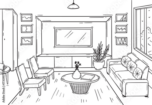 Doodle living room interior. Cozy waiting area in office, lobby, psychologist cabinet. Sofa or couch, chairs, table and tv screen, neoteric vector location
