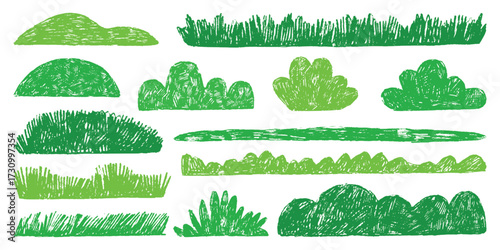 Crayon drawing green grass. Children style colored pencil drawn lawn and hills, meadow. Decorative garden, park, forest elements, nature neoteric vector set