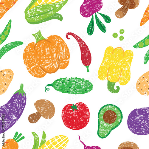 Hand drawn vegetables seamless pattern. Crayon beans cucumber bell pepper and mushroom. Tomato, corn, pumpkin and carrot, neoteric vector background