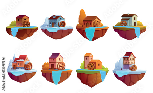 Watermills. Game design floating islands with vintage water mill and waterfalls in different seasons. Cartoon wooden stones houses, sapid vector set