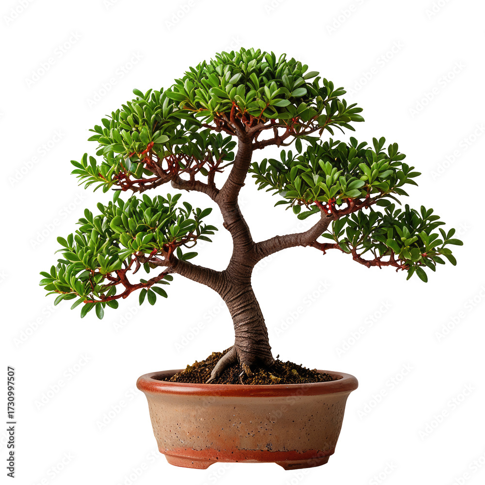 Obraz premium Small, lush bonsai tree with vibrant green leaves, a brown trunk, and a pot