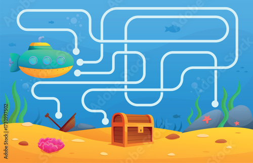 Submarine maze game. Help underwater boat find path to wooden chest. Educational and development play with labyrinth for kids, sapid vector location