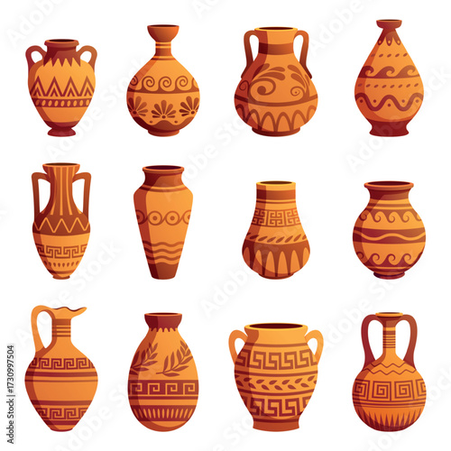 Greek style pots. Cartoon ceramic pot and vase with decorative antique ornament. Isolated jars, clay craft crockery of ancient greece, sapid vector set