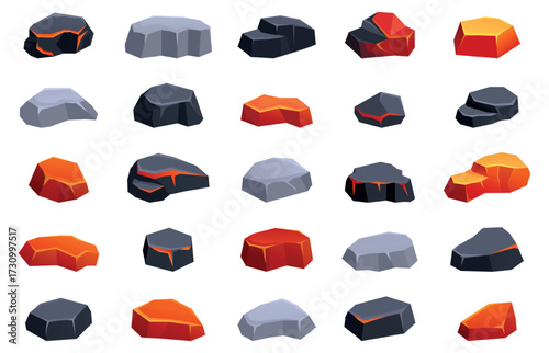 Burning coal stones. Charcoal smoldering, burnt hot and warm stone or briquette. Cartoon barbecue, campfire, grill burn elements, sapid vector clipart