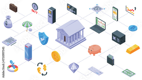 Isometric banking elements. Atm, money, gold bar and piggy bank. Financial institute and technology. Accounting, finance icons nifty vector set