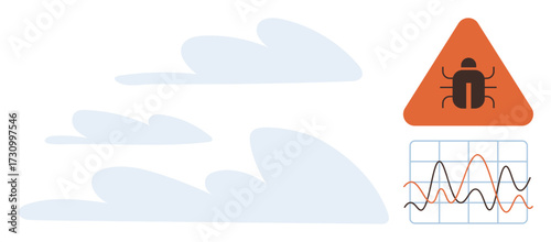 Bug warning inside a caution triangle beside fluctuating line graphs and abstract clouds. Ideal for cybersecurity, system monitoring, error tracking, data analysis, IT debugging, risk management