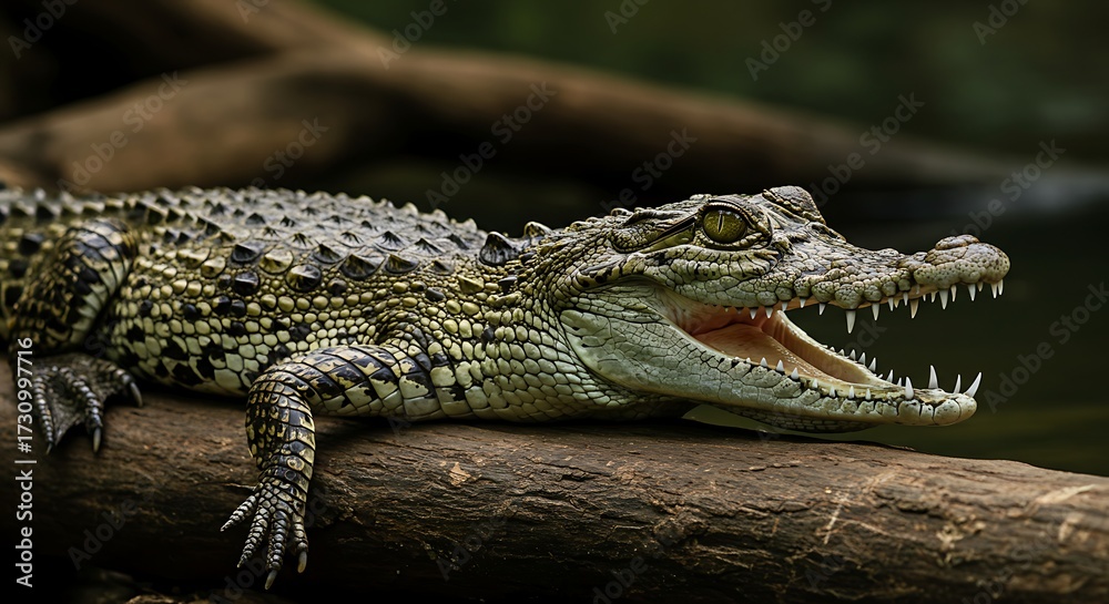Obraz premium Detailed crocodile portrait wildlife photography on a wooden log