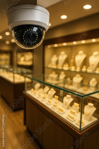 Surveillance Camera Overseeing an Elegant Jewelry Display in a Luxurious Retail Setting with Shimmering Gold and Sparkling Gems