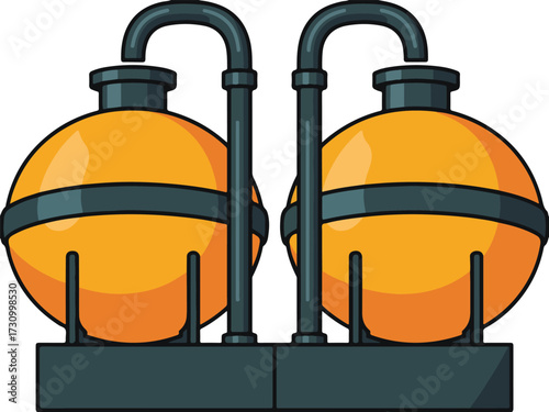 Illustration of two connected spherical industrial tanks with pipes and valves for chemical processing or storage