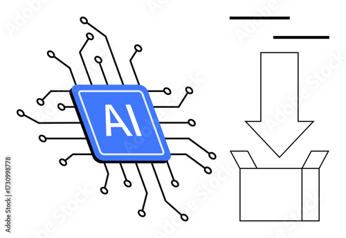 Blue AI processor chip with surrounding circuits paired with a large downward arrow pointing to an open box. Ideal for technology, AI integration, software, data storage, innovation, automation