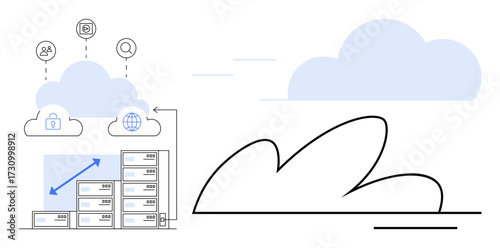 Data servers connected to a cloud network with icons for security, users, and global access. Ideal for technology, cloud storage, data replication, cybersecurity, networking, scalability