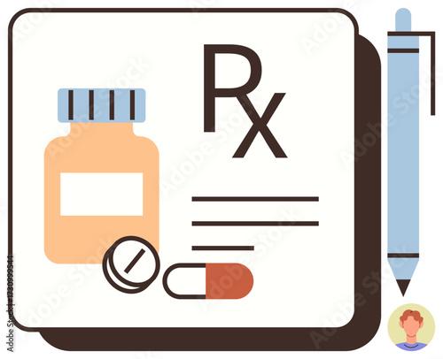 Medication bottle, capsule, tablet on prescription pad with Rx symbol, pen beside it. Ideal for healthcare, pharmacy, prescription, medical care wellness drug safety consultation. Simple flat