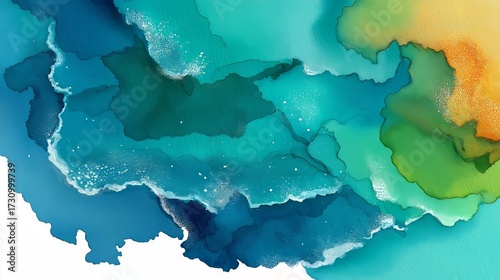 Vibrant swirls of blue and green dance across the canvas, capturing the essence of an oceanic dreamscape at dawn