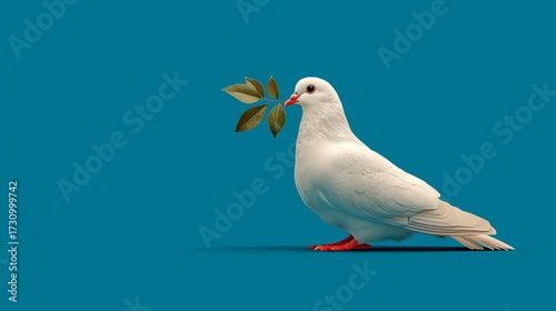 White dove carries an olive branch against a vibrant blue backdrop symbolizing peace and harmony in a serene moment
