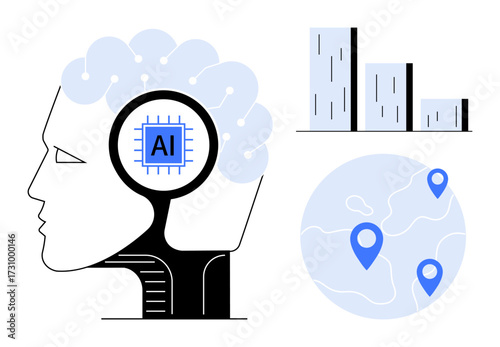 Human head with AI chip, bar chart denoting progress, and map with location pins. Ideal for AI technology, data visualization, innovation, analytics, machine learning, global reach digital growth