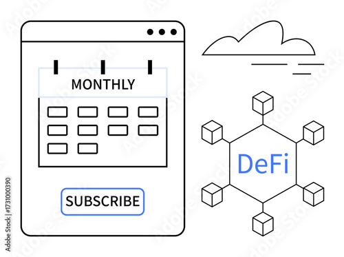 Monthly calendar on digital interface, subscribe button, decentralized finance graphic, and cloud symbol. Ideal for fintech, automation, subscription models, blockchain, finance technology