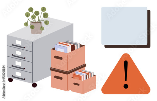 Filing cabinet, potted plant, stacked boxes with books, warning sign, and folder highlight organization, storage, safety, data management, workspace setup alert system and order in simple flat
