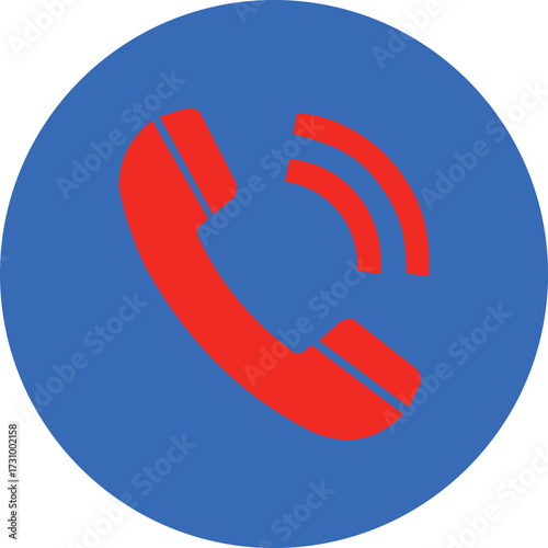Red telephone handset icon with sound waves on blue circle background call communication