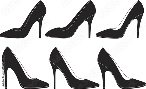 Black high heel shoes collection, elegant stiletto footwear side view, fashion design elements for retail, catalog, flat vector illustration
