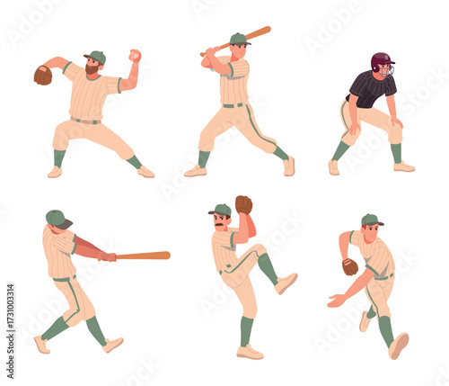 Baseball. Sport characters in action poses. Professional baseball players exact vector illustrations