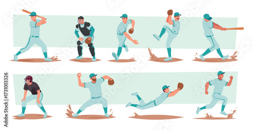 Baseball. Active players with sport baseball equipment exact vector sports people