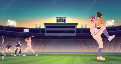 Baseball background. Sport arena with baseball competition athletes playing game exact vector template