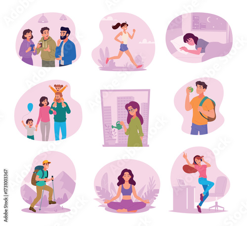 Lifestyle. Sleeping daily time entertainment sport for health care daily walking exact vector illustrations set