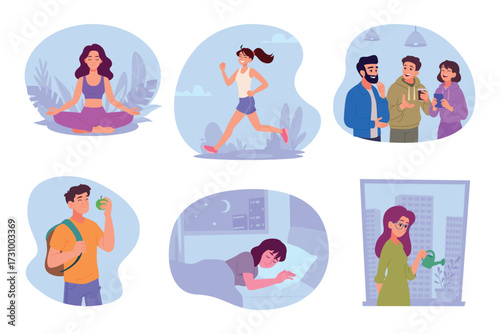 Life balance. Concept illustrations of daily routine walking for health care good products perfect career sleeping time exact vector template