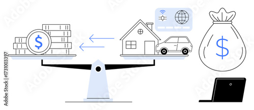 Balance scale weighing money against assets thumbs up house, car, and document symbols. Ideal for finance, investments, budgeting, real estate, economy wealth management accounting. Simple flat