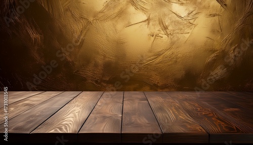 Dark Wooden Table Top With Empty Copy Space And Gold Structured Textured Wall Backround