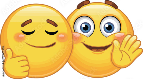Cartoon smiley face characters, expressive emoji with thumbs up and wave gesture, happy emotion icons for design, flat vector illustration