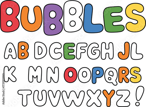 Colorful bubble alphabet letters, playful cartoon style, flat vector illustration, educational design for kids, uppercase font, vibrant school theme