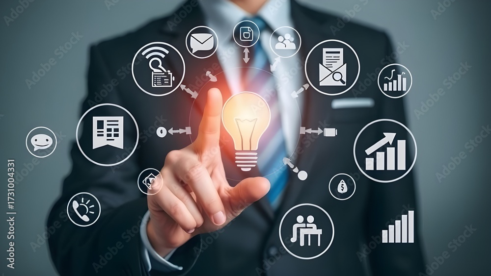 Obraz premium Businessman touching a glowing lightbulb surrounded by digital icons representing business concepts and technology.