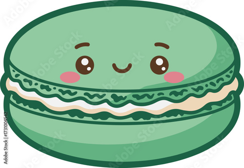 Cute green macaron with smiling face, expressive eyes, pink cheeks and creamy filling, dessert character icon, flat vector illustration