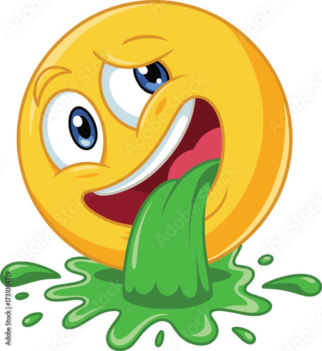 Disgusted cartoon emoji face vomiting green slime, expressive reaction character for humor and emotion concept, flat vector illustration for kids
