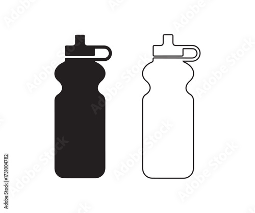 Water bottle design set, Reusable sports hydration flask silhouette and outline vector