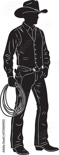 Silhouette of a cowboy holding a lasso with a gun in his holster male person