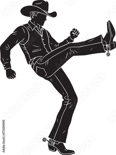 Silhouette of a Cowboy Kicking His Leg Outwards On White Keywords: cowboy, silhouette, western, man, male, person, figure, outline