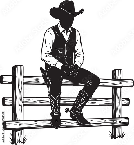 Silhouette of a Cowboy Sitting on a Wooden Fence with Lasso and Boots vector illustration