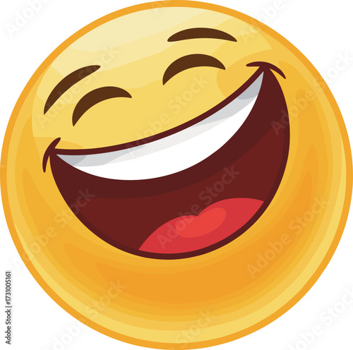 Laughing emoji face with closed eyes, wide open mouth, joyful yellow character showing happiness and humor, flat vector illustration