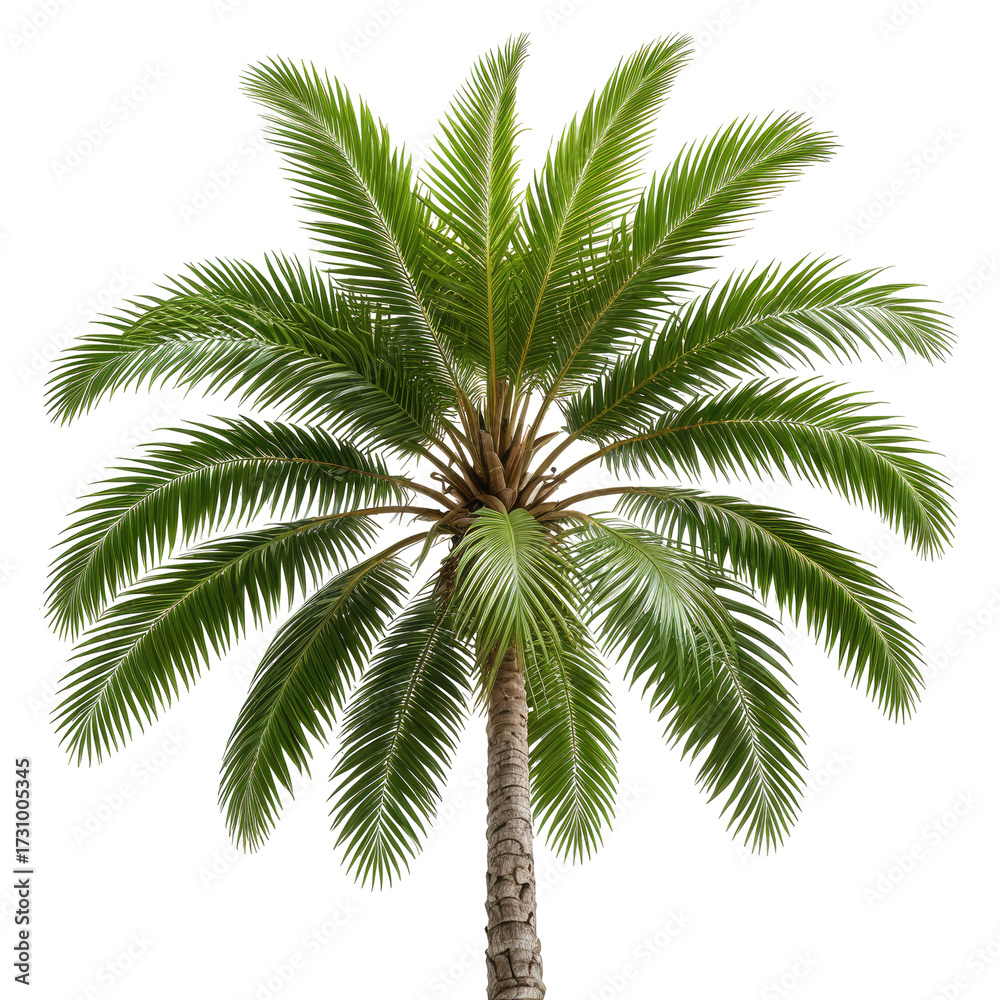 Obraz premium Green palm tree with lush leaves, set against a solid black background