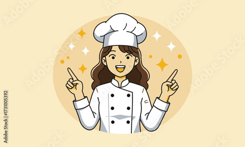 Cartoon Chef Character Pointing Up with Sparkling Background – Stylized Culinary Illustration in White Hat and Coat for Cooking, Branding, or Educational Use