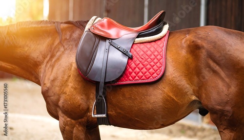 Horse with riding saddle