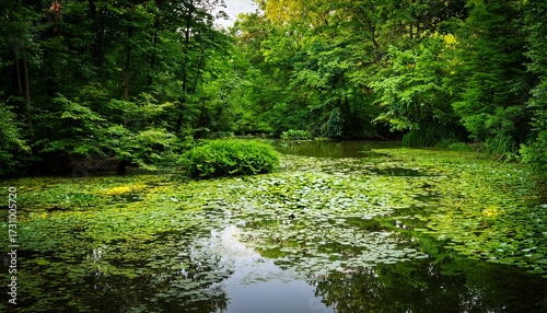 Bright Green Scene Of A Small Forest Pond With Water Lilies Surrounded By Lush Greenery At Beaver Marsh Near Cuyahoga Falls Ohio