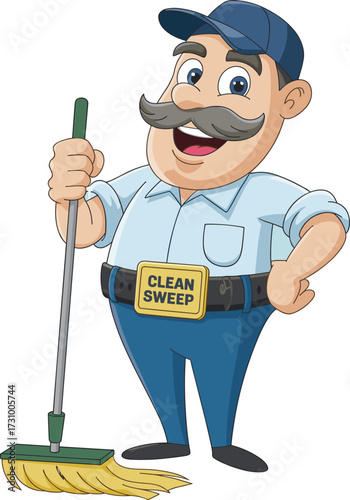 Smiling cartoon janitor character with broom, friendly cleaner mascot for hygiene, sanitation and service concept, flat vector illustration for education