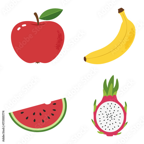 Fresh Healthy Fruit Assortment: Apple, Banana, Watermelon, Dragon fruit