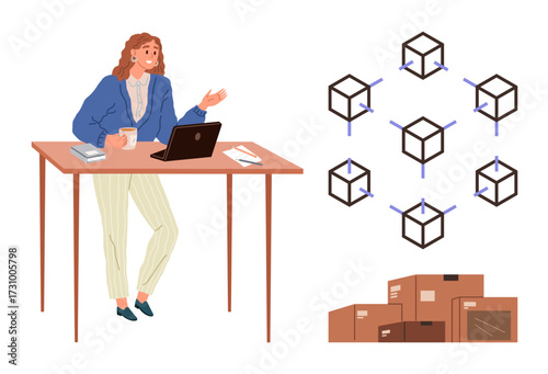 Woman working on laptop, blockchain network connections, shipping boxes. Ideal for supply chain, logistics, technology integration, blockchain, e-commerce, business strategy efficiency metaphor