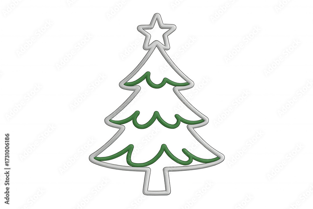 Fototapeta premium Christmas tree outline icon with star, festive holiday decoration, white and green neon style, transparent background